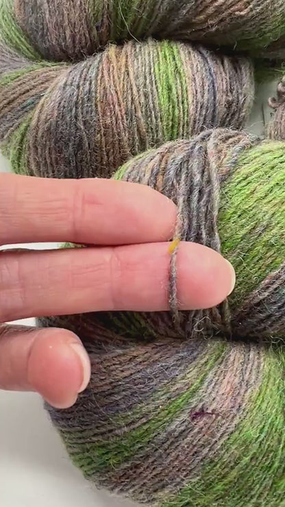 Small-batch dyed heritage skeins of 100% Latvian Dark-Headed Sheep Wool in earthy multicolor gradients like Green-Brown #052. The image shows the rustic single-ply texture and the sheep breed origin, representing the authentic wool traditions of Paces Vilnas Fabrika, Latvia. Available at iDOKNiT.com.