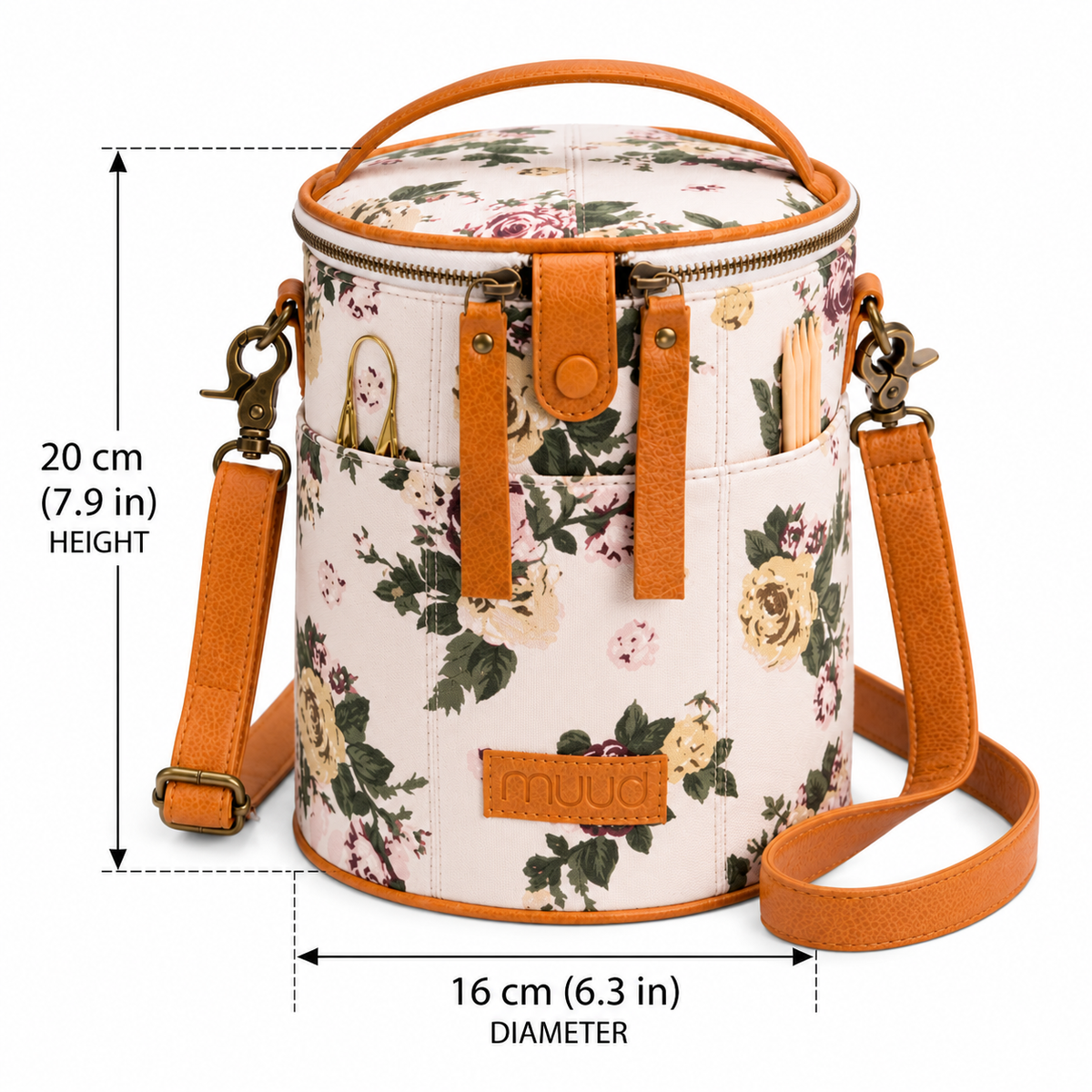 muud Saturn canvas project bag with genuine leather trim and yarn feed holes from iDOKNiT