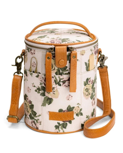 muud Saturn canvas project bag with genuine leather trim and yarn feed holes from iDOKNiT