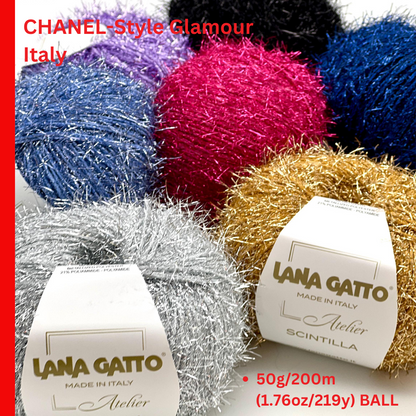 Colorful yarn balls with 'Lana Gatto' labels on a white background