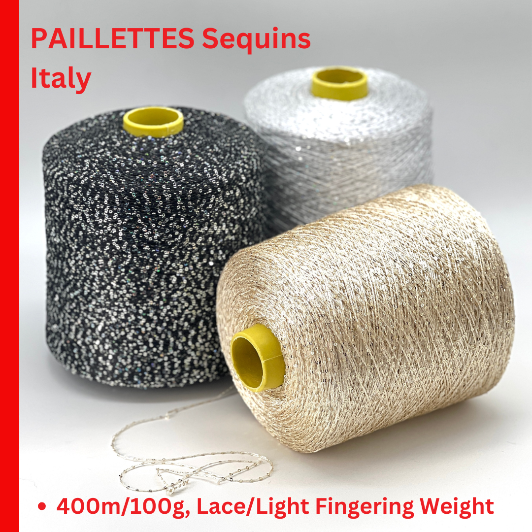 Three spools of Paillettes Sequins yarn in black, white, and gold on a light gray background.