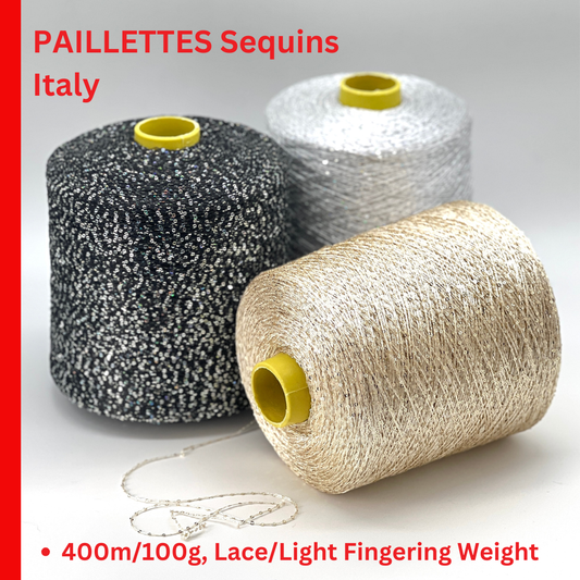 Three spools of Paillettes Sequins yarn in black, white, and gold on a light gray background.