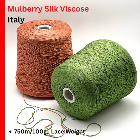 Two spools of Mulberry Silk Viscose yarn, one brown and one green, on a white background with text indicating origin and details.