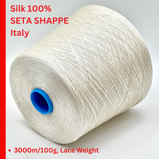 Exclusive iDOKNiT extra fine lace weight yarn, SETA SHAPPE by RiGo Italy. 100% pure Silk Shappe industrial-grade yarn, Nm 2/60, providing 2600m per 100g. Authentic Italian-made silk on cones curated by iDOKNiT for delicate lace, weaving, and professional machine knitting projects.