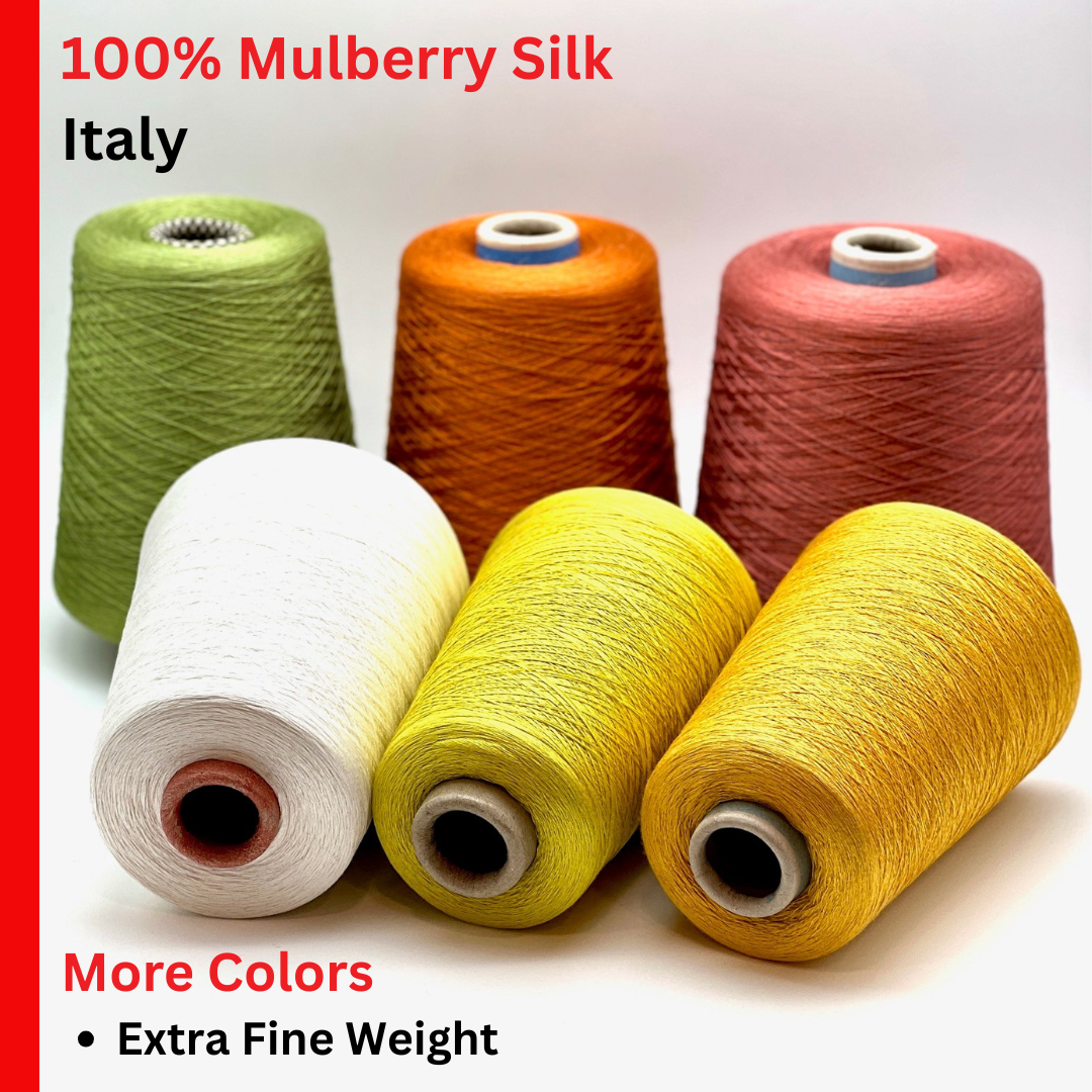 Professional cones of Sesia Precious Mulberry Silk yarn in a vibrant spectrum including Royal Blue, Terracotta Rose, and Acid Yellow. The yarn features a high-lustre finish and smooth texture, displayed in 50g and 100g cone variants at iDOKNiT.com.