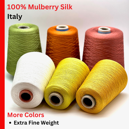 Colorful spools of 100% mulberry silk from Italy on a white background.
