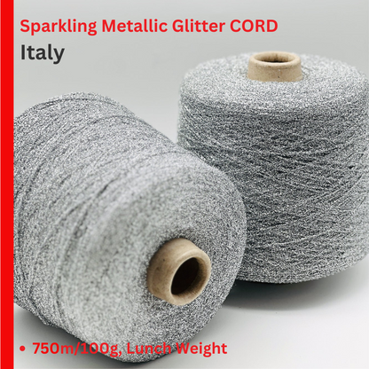 Two spools of sparkling metallic glitter cord with text on a gray background