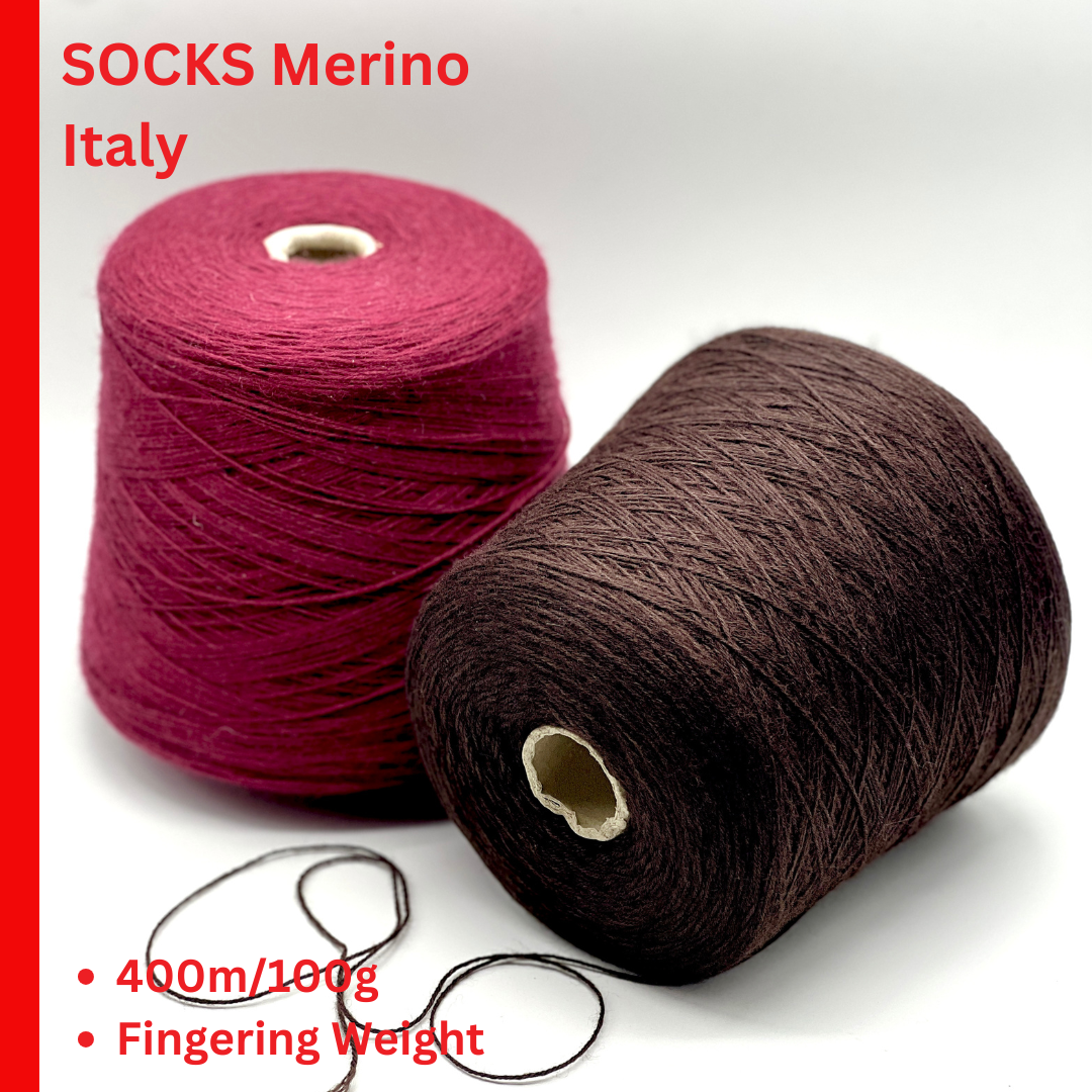 Two spools of yarn, one red and one brown, with text indicating 'SOCKS Merino Italy' and product details.