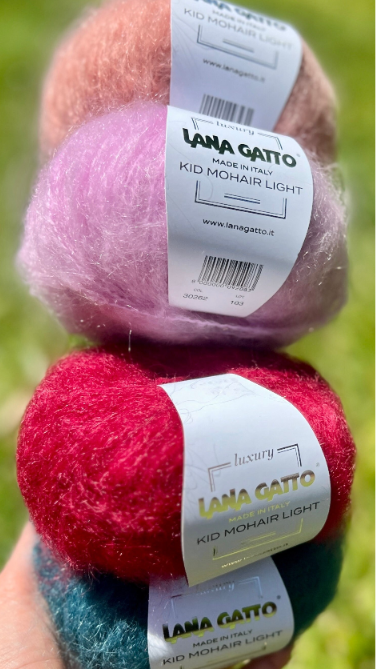 Lana Gatto Kid Mohair Light luxury wool blend yarn from iDOKNiT. Fluffy, lightweight Italian-spun roving with a soft halo for high-end knitting and crochet, 90m per 50g ball.